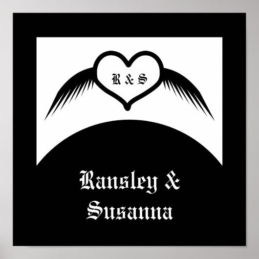 Gotische bruiloft gevleugeld hart Custom Monogramm Poster (Voorkant)