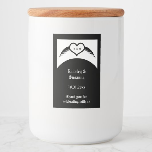 Gotische bruiloft gevleugeld hart Custom Monogramm Voedselcontainer Etiket (Voorkant)