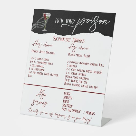 Gotische bruiloft handtekening Drink gratis bartek Reclamebord Met Voetstuk (Voorkant)