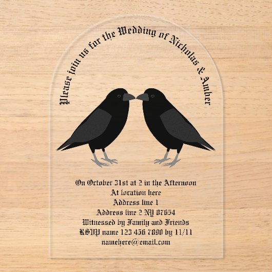 Gotische bruiloft kussen Ravens Custom Acryl Uitnodigingen (Voorkant)