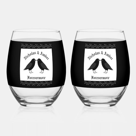 Gotische bruiloft kussen Ravens Custom Wijnglas Zonder Voet (Achterkant)