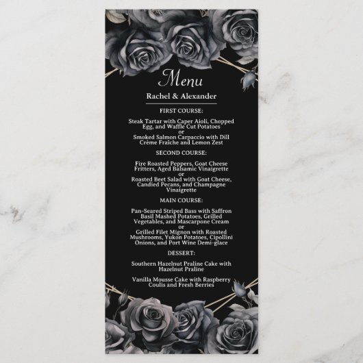 Gotische bruiloft Menu Donker Zwart Bloemen Gotisc (Voorkant)