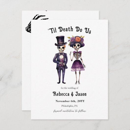 Gotische bruiloft red de datum skeletten aankondiging (Voorkant / Achterkant)