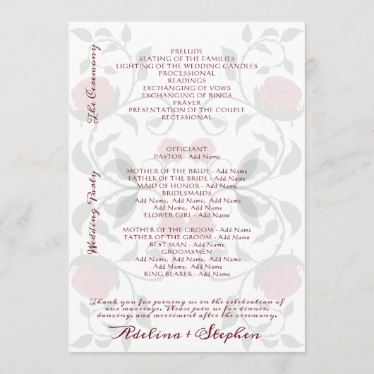 Gotische bruiloft Rode rozen Moody Order of Servic Programmakaart (Achterkant)