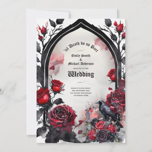 Gotische bruiloft rode zwarte Rozen Raven Kaart (Voorkant)