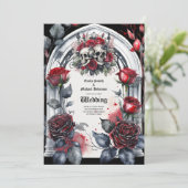 Gotische bruiloft rode zwarte Rozen schedels boog Kaart (Staand voorkant)