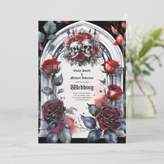 Gotische bruiloft rode zwarte Rozen schedels boog Kaart (Staand voorkant)