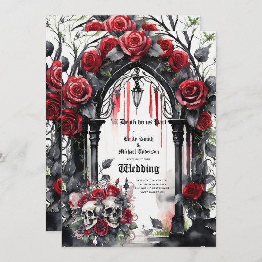 Gotische bruiloft rode zwarte Rozen schedels boog Kaart (Voorkant / Achterkant)