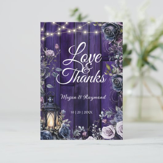 Gotische bruiloft rustiek Paarse hout dank u kaart (Staand voorkant)