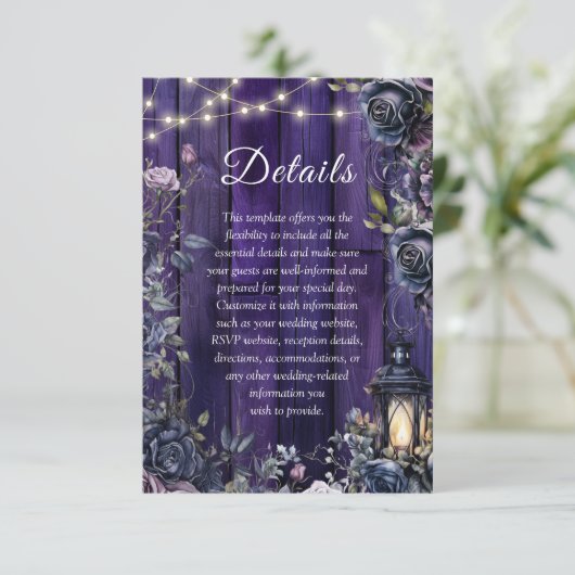 Gotische bruiloft rustieke Paarse houten planken D Informatiekaartje (Staand voorkant)