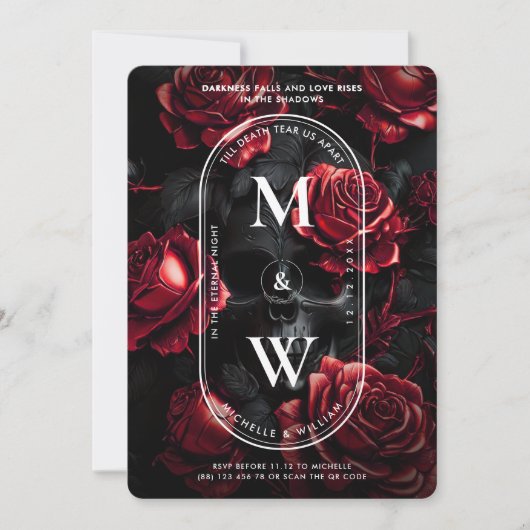 Gotische bruiloft schedel Rozen Monogram Zwart Roo Kaart (Voorkant)