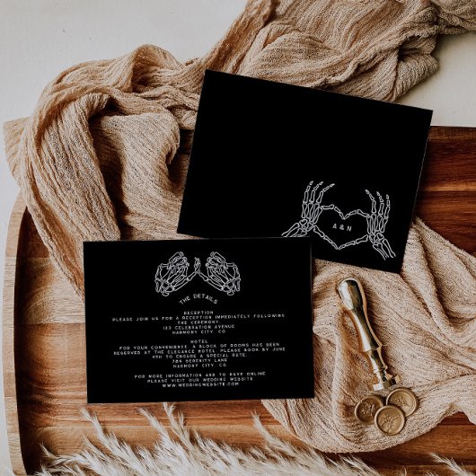 Gotische bruiloft skelet handen bruiloft details informatiekaartje