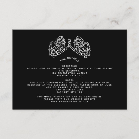 Gotische bruiloft skelet handen bruiloft details informatiekaartje (Voorkant)