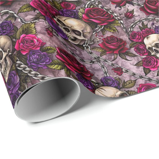 Gotische bruiloft skelet schedel en Roos Cadeaupapier (Rol Hoek)