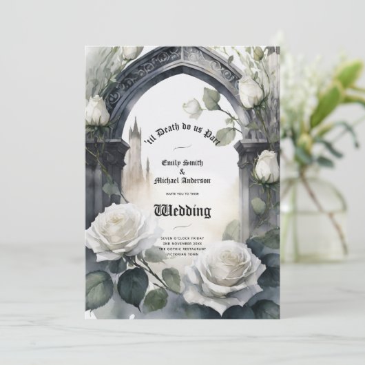 Gotische bruiloft Zwart witte rozen schedels bloem Kaart (Staand voorkant)