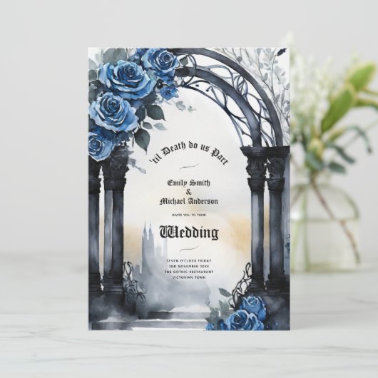 Gotische bruiloft Zwarte Blauwe Rozen Boog Alterna Kaart (Staand voorkant)