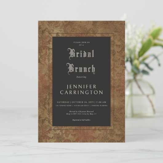 Gotische  Bruin Damask Zijde Bruidsbrunch Kaart (Staand voorkant)