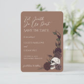Gotische bruine schedel tot de dood ons scheidt sa save the date (Staand voorkant)