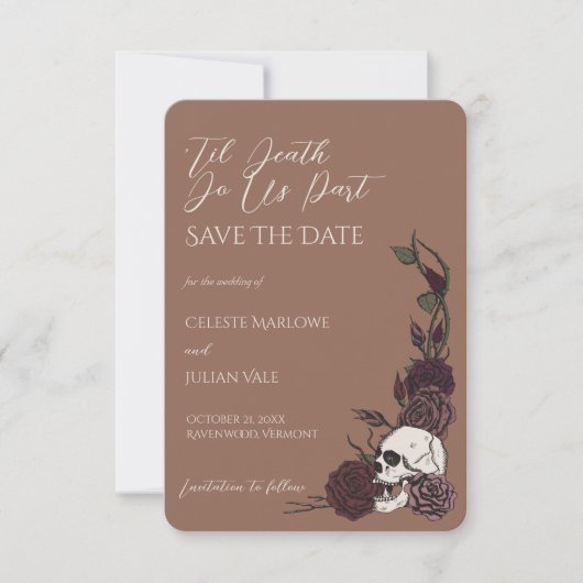Gotische bruine schedel tot de dood ons scheidt sa save the date (Voorkant)