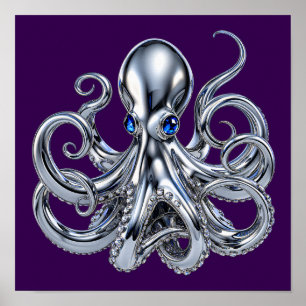 Gotische Chroom Octopus met Saffier Ogen Fantasie Poster
