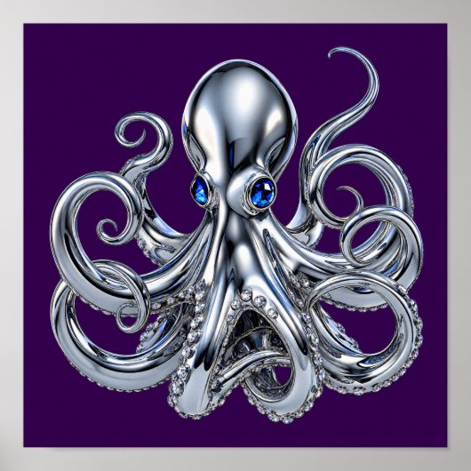 Gotische Chroom Octopus met Saffier Ogen Fantasie  Poster (Voorkant)