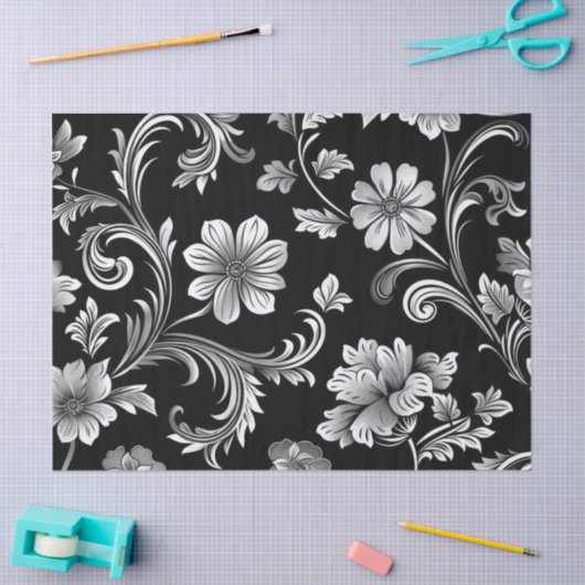 Gotische Damask Zwart & Zilver Decoupage Tissuepapier (Craft)