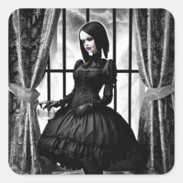 Gotische Dame in Zwart Jurk Spooky Halloween Vierkante Sticker