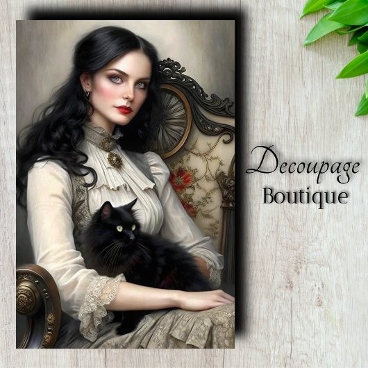 Gotische Dame Zwarte Kat Decoupage Tissuepapier