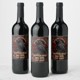 gotische Dark Beauty Crow Raven Red Roses Wijn Etiket