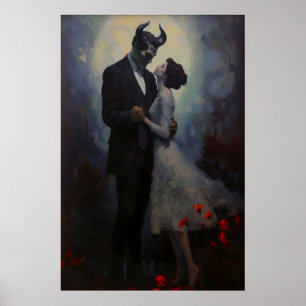 Gotische demon en vrouw dansend in maanlicht, donk poster
