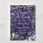 Gotische Donker Paarse Bloemen Rustieke Houten Pla Save The Date (Voorkant)