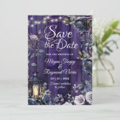 Gotische Donker Paarse Bloemen Rustieke Houten Pla Save The Date (Staand voorkant)