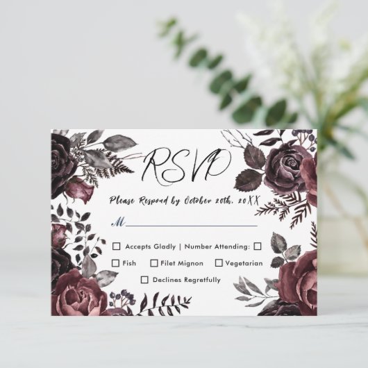 Gotische Donkere Bloemen Vintage Bruiloft RSVP (Staand voorkant)