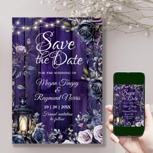 Gotische donkerpaarse bloemrijke rustieke houten p save the date