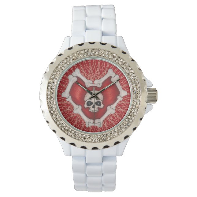 Gotische donkerrode hart met Botten schedel spiraa Horloge (Voorkant)