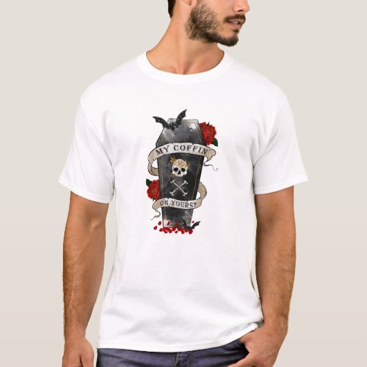Gotische doodskist en schedel met rode roos t-shirt (Voorkant)