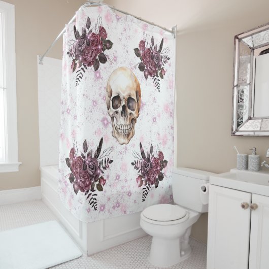 Gotische douchegordijn schedel, Rozen en glitter (In situ)
