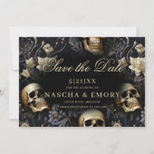 Gotische Elegante Bloemen Schedels Gouden Bruiloft Save The Date (Voorkant)