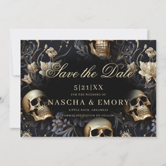 Gotische Elegante Bloemen Schedels Gouden Bruiloft Save The Date (Voorkant)