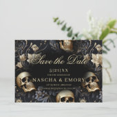 Gotische Elegante Bloemen Schedels Gouden Bruiloft Save The Date (Staand voorkant)