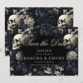Gotische Elegante Bloemenschedels Donkere Bruiloft Save The Date (Voorkant / Achterkant)