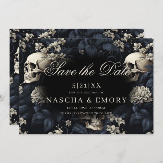 Gotische Elegante Bloemenschedels Donkere Bruiloft Save The Date (Voorkant / Achterkant)