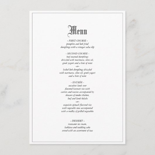 Gotische elegante bruiloft diner menu met rand (Voorkant)