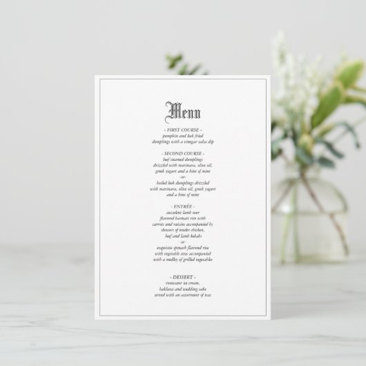Gotische elegante bruiloft diner menu met rand (Staand voorkant)