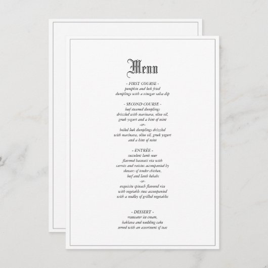 Gotische elegante bruiloft diner menu met rand (Voorkant / Achterkant)