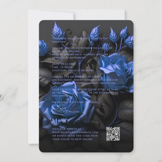 Gotische Elegante Navy-Blue Bloemen Bruiloft Boho Kaart (Achterkant)