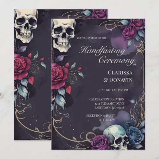 Gotische Elegante Schedel & Roos Handfasting Kaart (Voorkant / Achterkant)