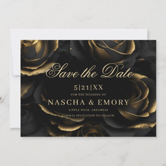 Gotische Elegante Zwart & Gouden Rozen Donkere bru Save The Date (Voorkant)