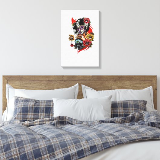 Gotische elegantie: dame met schedel en hanger canvas afdruk (Insitu (Slaapkamer))