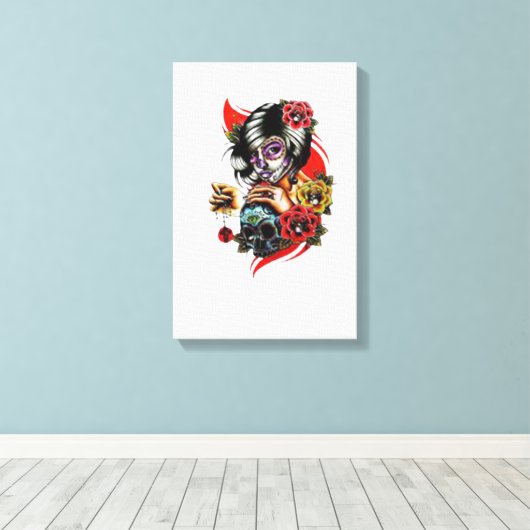 Gotische elegantie: dame met schedel en hanger canvas afdruk (Insitu (Houten vloer))